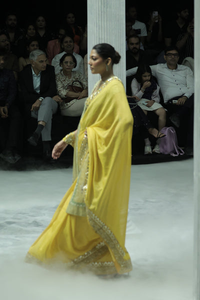 MUSTARD EMBROIDERED SAREE PAIRED WITH A MINT GREEN EMBROIDERED TISSUE JACKET. (4 PCS)