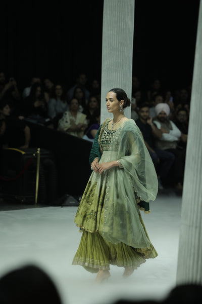 MINT EMBROIDERED ANARKALI PAIRED WITH A PRINTED EMB KOTI, CRINKLED SHARARA, MINT DUPATTA AND BOTTLE GREEN DUPATTA.(4 PCS )