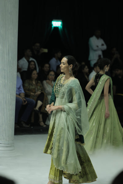 MINT EMBROIDERED ANARKALI PAIRED WITH A PRINTED EMB KOTI, CRINKLED SHARARA, MINT DUPATTA AND BOTTLE GREEN DUPATTA.(4 PCS )