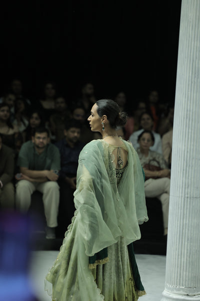 MINT EMBROIDERED ANARKALI PAIRED WITH A PRINTED EMB KOTI, CRINKLED SHARARA, MINT DUPATTA AND BOTTLE GREEN DUPATTA.(4 PCS )