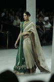 TOOSH TISSUE SAREE PAIRED WITH A GREEN DUPION EMBROIDERED LEHENGA AND MUSTARD EMBROIDERED JACKET. (4 PCS)