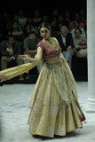 CHAMPAGNE GOLD EMBROIDERED LEHENGA PAIRED WITH A CRIMSON EMBROIDERED BLOUSE AND DUAL EMBELLISHED DUPATTAS. (4 PCS)