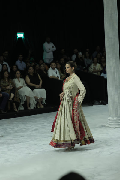TOOSH EMBROIDERED MATIN TUSSAR ANGRAKHA PAIRED WITH A CHURIDAR AND RED EMBROIDERED TUSSAR DUPATTA.(3 PCS)