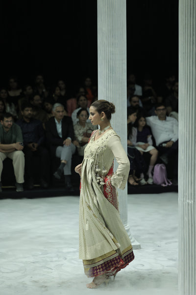 TOOSH EMBROIDERED MATIN TUSSAR ANGRAKHA PAIRED WITH A CHURIDAR AND RED EMBROIDERED TUSSAR DUPATTA.(3 PCS)