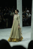 CRINKLED EMBROIDERED ANARKALI PAIRED WITH A MUSTARD FOIL-PRINTED SKIRT AND EMBROIDERED DUPATTA. (3 PCS)