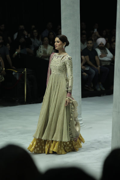 CRINKLED EMBROIDERED ANARKALI PAIRED WITH A MUSTARD FOIL-PRINTED SKIRT AND EMBROIDERED DUPATTA. (3 PCS)