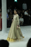 CRINKLED EMBROIDERED ANARKALI PAIRED WITH A MUSTARD FOIL-PRINTED SKIRT AND EMBROIDERED DUPATTA. (3 PCS)