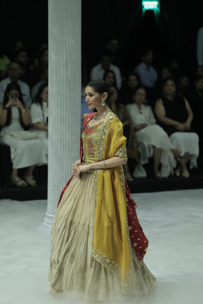 TISSUE EMBROIDERED LEHENGA PAIRED WITH AN EMBROIDERED BLOUSE, EMBELLISHED KOTI, AND DUAL DUPATTAS IN YELLOW TULLE AND RED EMBROIDERY.(5 PCS)