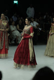 RED CRINKLED EMBROIDERED ANARKALI PAIRED WITH A GOLD TISSUE EMB SKIRT AND GOLD DUPATTA. (3 PCS)