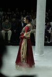 RED CRINKLED EMBROIDERED ANARKALI PAIRED WITH A GOLD TISSUE EMB SKIRT AND GOLD DUPATTA. (3 PCS)
