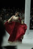 RED CRINKLED EMBROIDERED ANARKALI PAIRED WITH A GOLD TISSUE EMB SKIRT AND GOLD DUPATTA. (3 PCS)