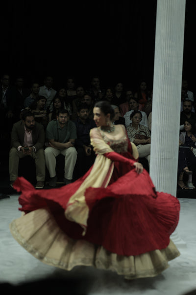 RED CRINKLED EMBROIDERED ANARKALI PAIRED WITH A GOLD TISSUE EMB SKIRT AND GOLD DUPATTA. (3 PCS)