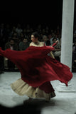 RED CRINKLED EMBROIDERED ANARKALI PAIRED WITH A GOLD TISSUE EMB SKIRT AND GOLD DUPATTA. (3 PCS)