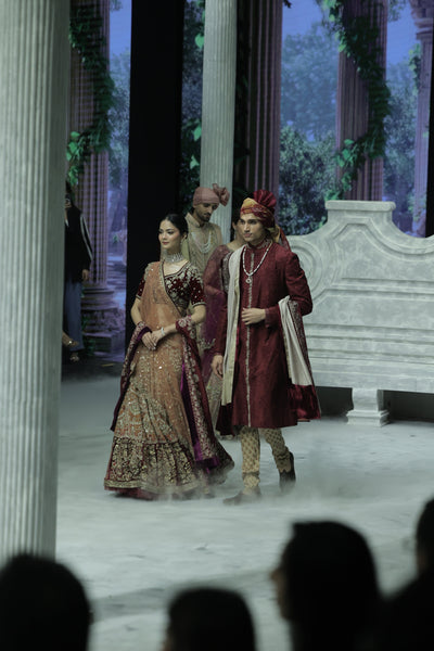 OLD ROSE AND MAROON EMBROIDERED LEHENGA SET PAIRED WITH A MAROON TUSSAR EMBROIDERED DUPATTA. (4 PCS)