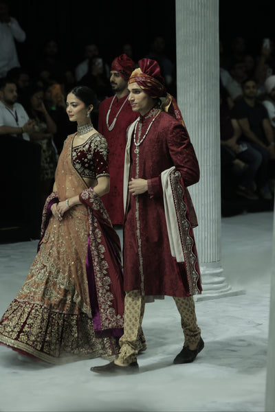 OLD ROSE AND MAROON EMBROIDERED LEHENGA SET PAIRED WITH A MAROON TUSSAR EMBROIDERED DUPATTA. (4 PCS)