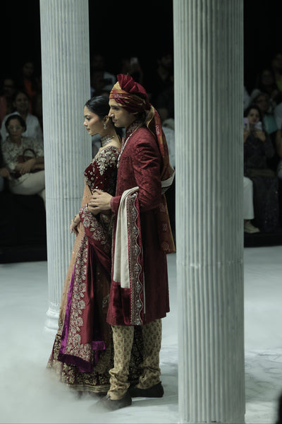 OLD ROSE AND MAROON EMBROIDERED LEHENGA SET PAIRED WITH A MAROON TUSSAR EMBROIDERED DUPATTA. (4 PCS)