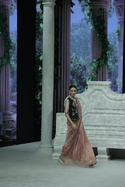 PINK CRINKLE TISSUE SAREE PAIRED WITH AN OLD ROSE TISSUE EMBROIDERED BLOUSE AND A DEEP PURPLE VELVET EMBROIDERED BLOUSE. (3 PCS)