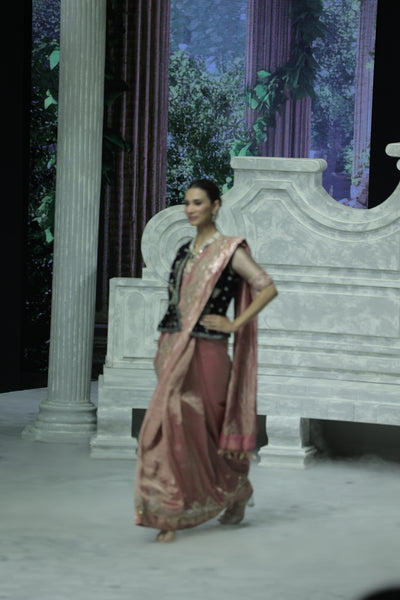 PINK CRINKLE TISSUE SAREE PAIRED WITH AN OLD ROSE TISSUE EMBROIDERED BLOUSE AND A DEEP PURPLE VELVET EMBROIDERED BLOUSE. (3 PCS)