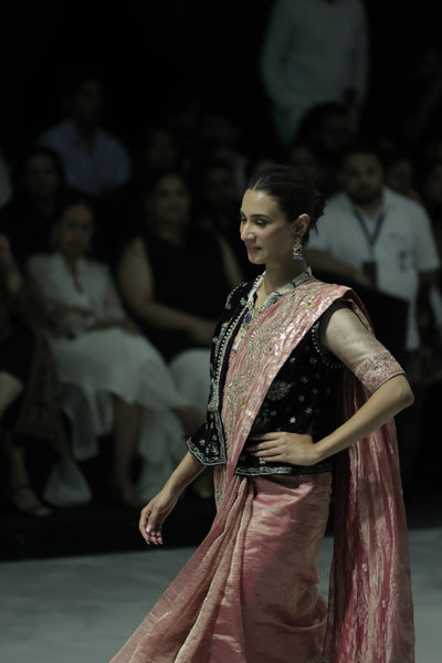 PINK CRINKLE TISSUE SAREE PAIRED WITH AN OLD ROSE TISSUE EMBROIDERED BLOUSE AND A DEEP PURPLE VELVET EMBROIDERED BLOUSE. (3 PCS)