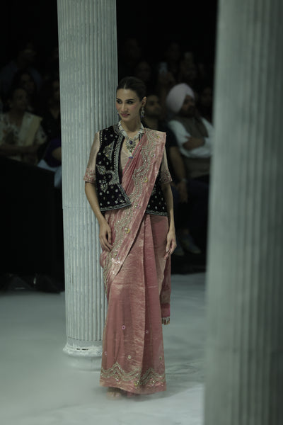 PINK CRINKLE TISSUE SAREE PAIRED WITH AN OLD ROSE TISSUE EMBROIDERED BLOUSE AND A DEEP PURPLE VELVET EMBROIDERED BLOUSE. (3 PCS)
