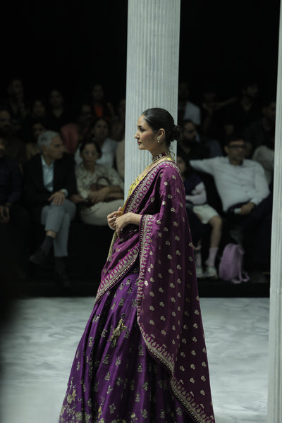 PURPLE EMBROIDERED LEHENGA PAIRED WITH A YELLOW EMBROIDERED BLOUSE AND MUSTARD  & PURPLE TWO EMBROIDERED DUPATTA.(4PCS)