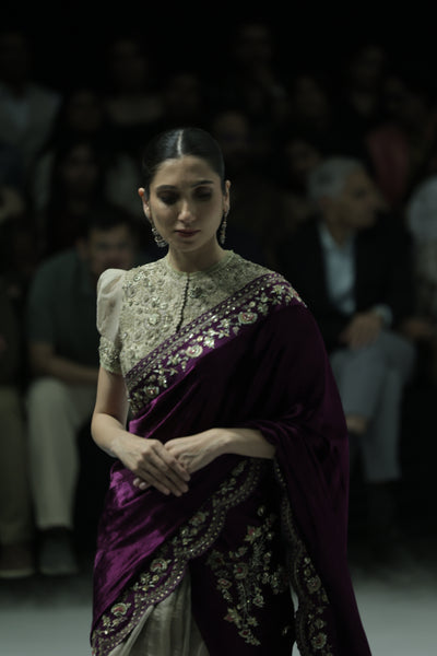 TWO-PIECE SAREE FEATURING A DEEP FALSA VELVET DUPATTA WITH TUSSAR EMBROIDERY, PAIRED WITH A TOOSH EMBROIDERED CHANDERI BLOUSE. (3PCS)