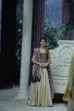 SILVER AND GOLD TISSUE SKIRT PAIRED WITH A PURPLE DUPION EMBROIDERED JACKET, OLD ROSE BLOUSE, BLUSH EMBROIDERED DUPATTA, AND PURPLE BROCADE EMBROIDERED DUPATTA. (5 PCS)