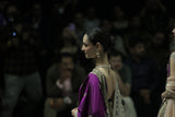 BLUE BROCADE LEHENGA PAIRED WITH A BLUE BUSTIER, PURPLE SILK DUSHALA, AND TOOSH ORGANZA EMBROIDERED DUPATTA.(4PCS)