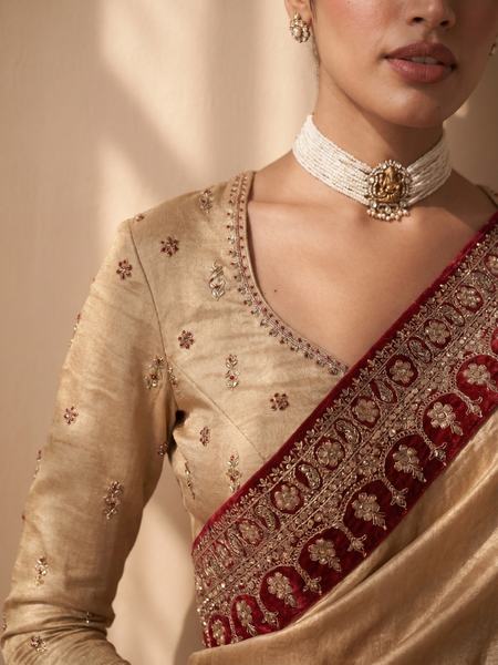 GOLD TISSUE SAREE WITH RED BORDER & UNSTITCHED BLOUSE(SRE-54) (2 PCS)