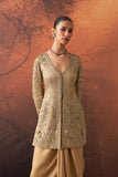 GOLD SILK TISSUE HEAVY EMB. LONG JACKET & GOLD TISSUE DRAPE SKIRT (2 PCS)