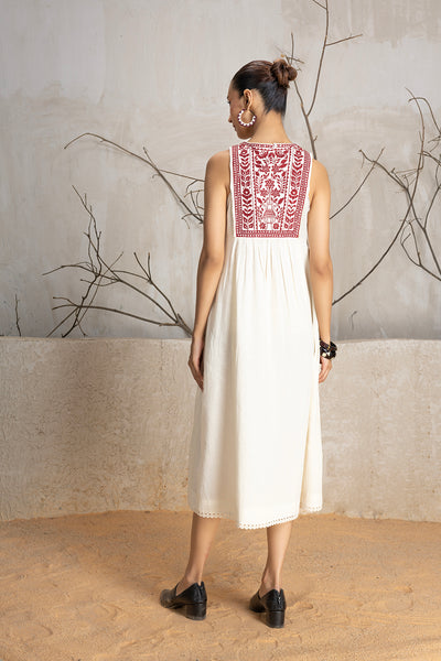 IVORY YOKE COTTON EMBROIDERED DRESS (1 PC)