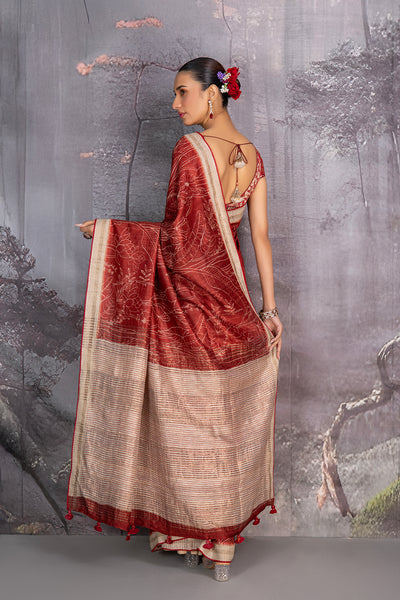 MAROON MATKA TUSSOR DISCHARGE PRINT SAREE (1 PC)