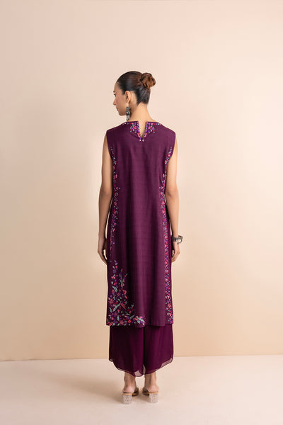 WINE PRINTED & EMBROIDERED SLEEVELESS KURTA SET (2 PCS)