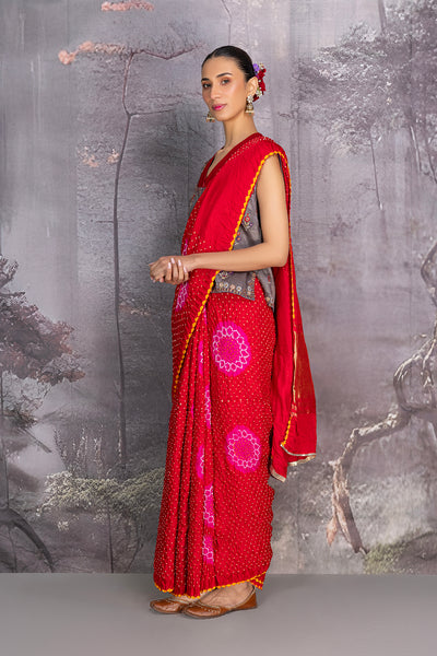 RED GAJI SILK BANDHANI EMBROIDERED SAREE (1 PC)