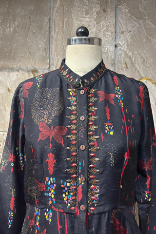 BLACK & MAROON DUPION PRINTED JACKET WITH EMB. DETAILS (1 PC)