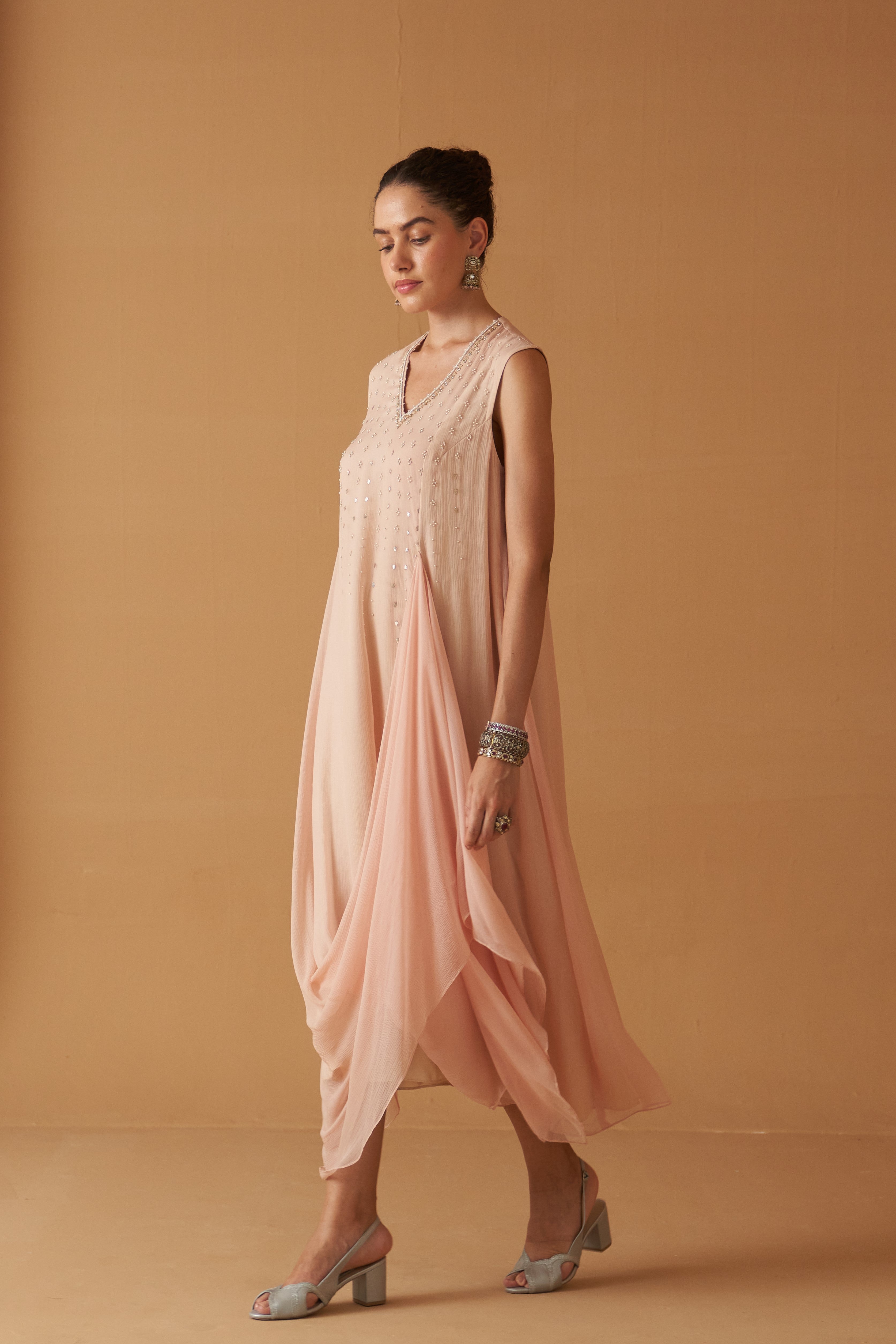 PEACH CHIFFON MOTI EMBROIDERED DRAPE DRESS ( SE-03A)  Anju Modi