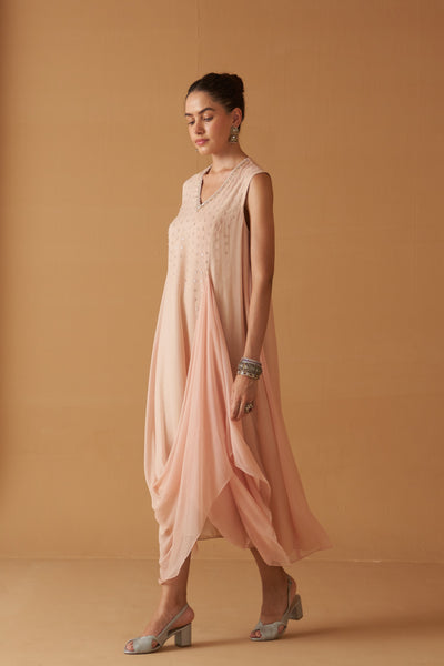 PEACH CHIFFON MOTI EMBROIDERED DRAPE DRESS ( SE-03A)