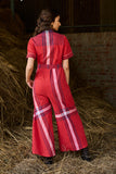 RED ASYMMETRIC CHECK COTTON JUMPSUIT (CM-14/TNC)