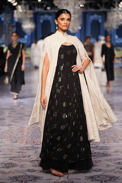 BLACK SEQUIN GEORGETTE CORSET DRESS PAIRED WITH IVORY CHIKANKARI GEORGETTE EMBROIDERED JACKET (2 PCS)