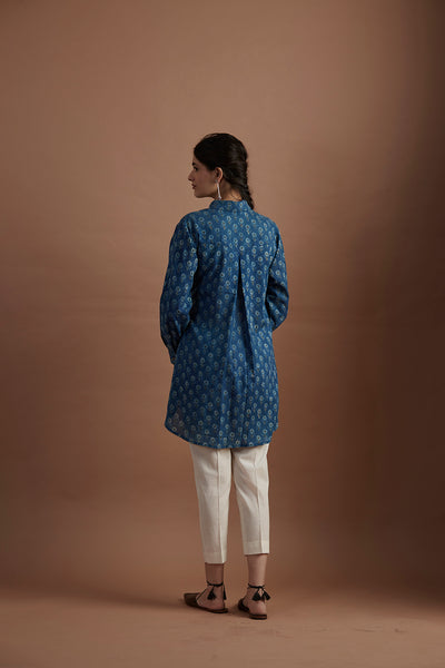 Teal blue silk mulmul printed stylized shirt (veg-11a/shirt)