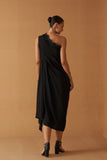 BLACK TENCIL GEORGETTE  DRAPE DRESS PAIRED WITH BLACK BLOUSE ( SE-05A)