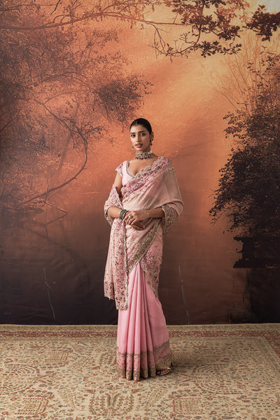 ONION PINK TUSSAR & ORGANZA EMB. TWO-PIECE SAREE SET (3 PCS)