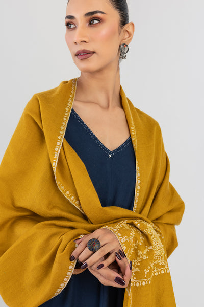 OCHRE YELLOW KASHMIRI EMBROIDERED PASHMINA STOLE (1 PC)