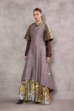 GREY & BROWN SILK DUPION TRENCH COAT PAIRED WITH GREY TREE PRINTED DUPION DRESS (AJP-07)