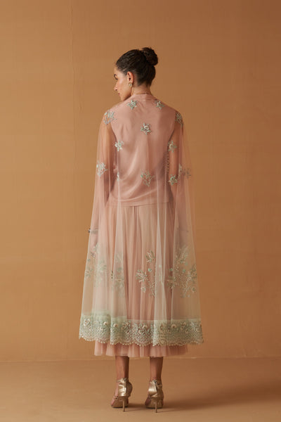 PEACH TO MINT SHADED SCALLOP EMB NET CAPE, TOP, SKIRT SET (3 PCS)