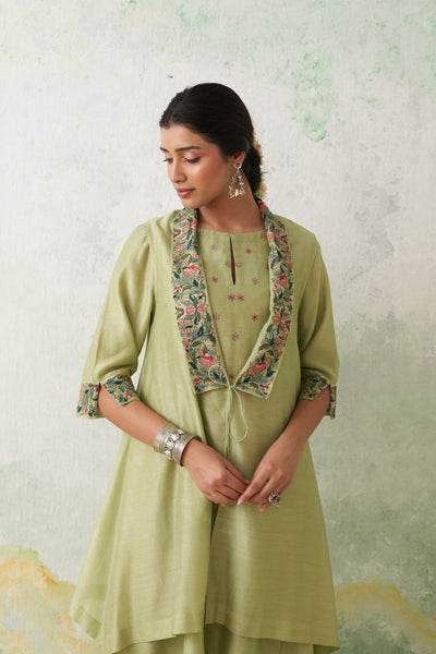 MINT GREEN CHANDERI KASHMIRI EMB. CAPE & DRESS SET (3 PCS)