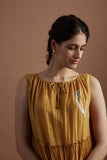 MUSTARD FOIL PRINTED SILK MUMUL TIERED DRESS (1 PC)