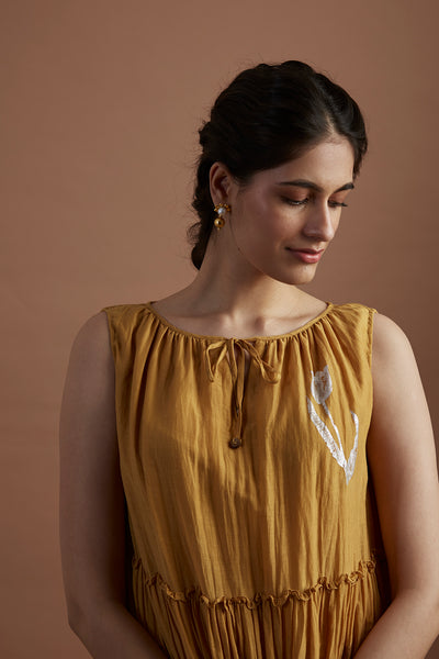 MUSTARD FOIL PRINTED SILK MUMUL TIERED DRESS (1 PC)