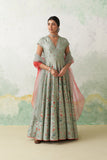 AQUA DUPION PRINTED & EMB. ANARKALI SET (2 PCS)