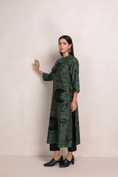 MILITARY GREEN SILK CHANDERI PRINTED TUNIC (1 PC)